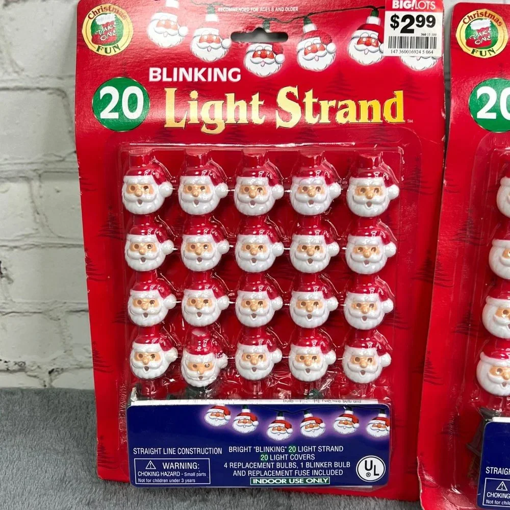 Vintage Blinking Light Strand Santa Blow Mold 2 Packs Christmas NIB
